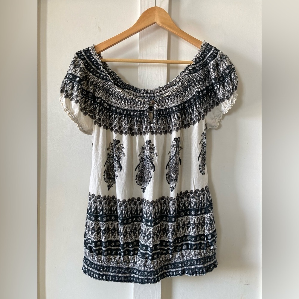 Lucky Brand White and Black Off-Shoulder Boho Peasant Top